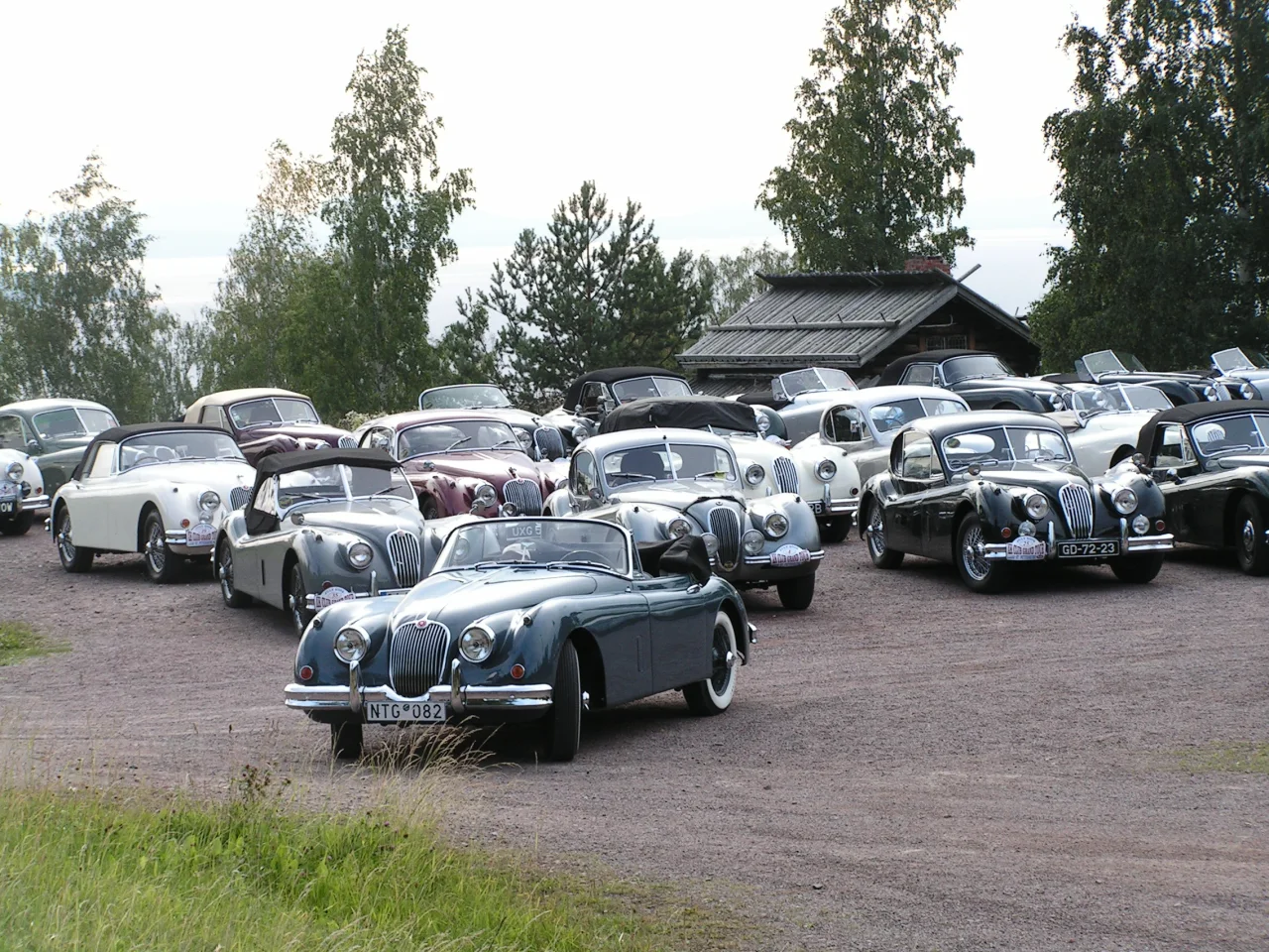 Den blå XK150 framför en samling klassiska Jaguarer